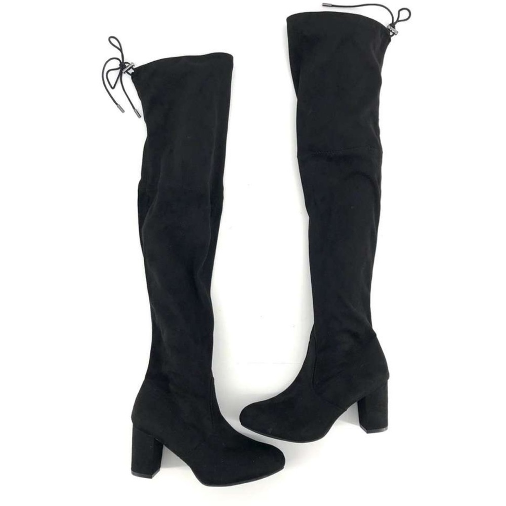 BestOn Black Suede Draw-String Heeled Boots